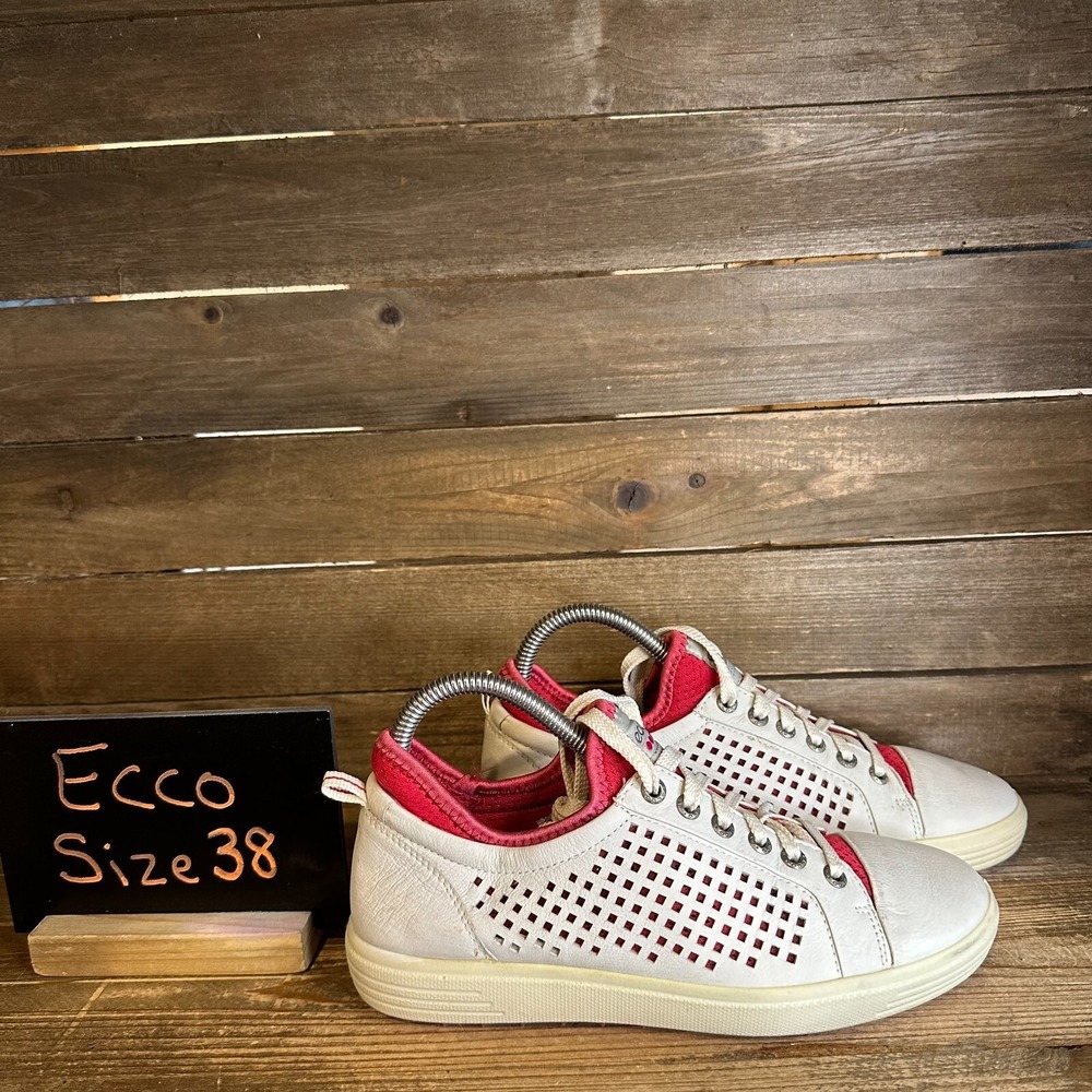 Womens Ecco White‎ Leather Casual Spikeless Golf Sneakers Shoes Size EU 38 US 7